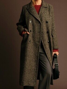DELUC Cameron Herringbone Double Breasted Long Coat Chocolate NWT‎ Sz M